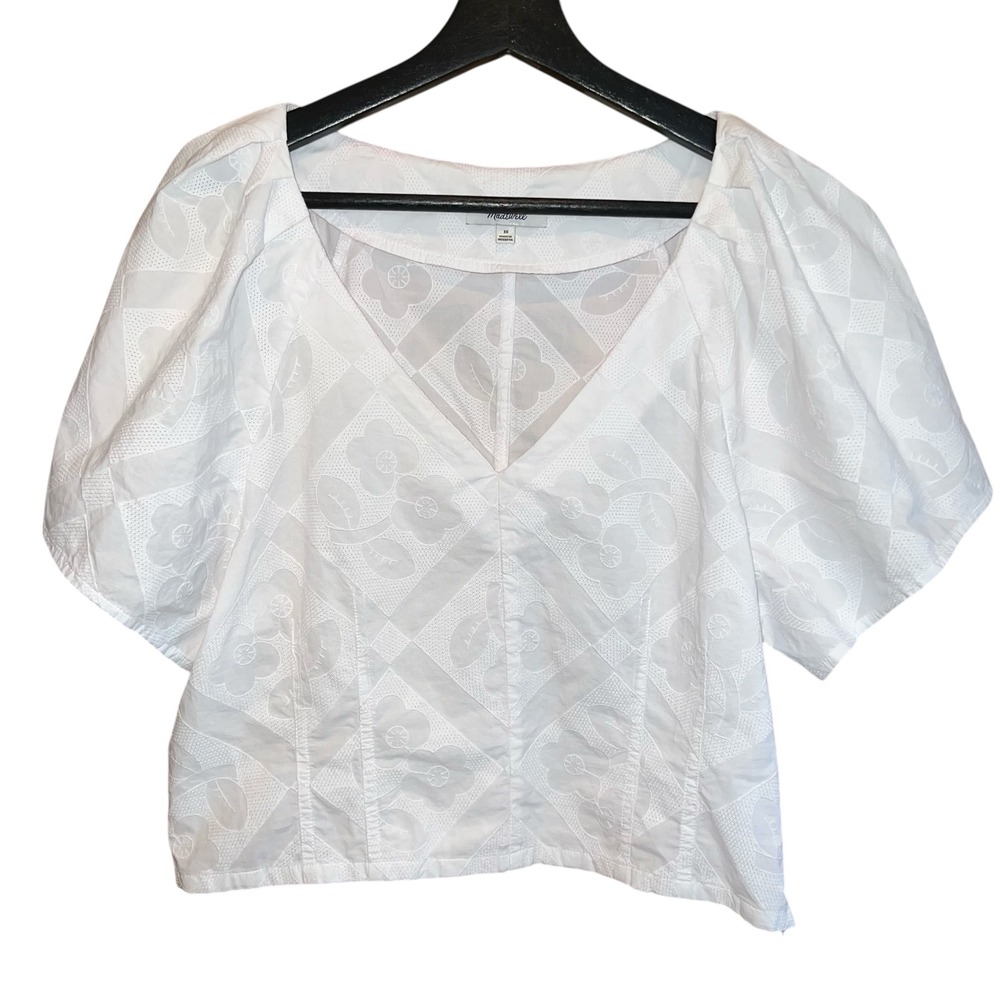 Madewell White‎ Textured Short Sleeve V Neck Crop Top Size 10 Cotton